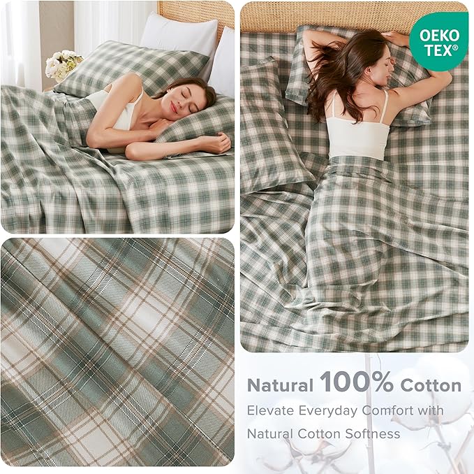 Comfort Spaces 100% Cotton Sheets Twin, Breathable, Naturally Cool Cotton Sheets, Soft Cotton Bed Sheets with 12" Elastic Pocket Fits up to 14" Mattress, All Seasons Sheet Set, Wesley Green 3 Piece