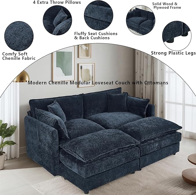 Setawix Deep Loveseat Couch with Ottomans,Large 2 Seater Lounger Cloud Couches for Living Room,77.16" Chenille Cloud Sofas with Deep Seat,Modular Sectional Sleeper Sofa for Bedroom (Blue, 2+2)