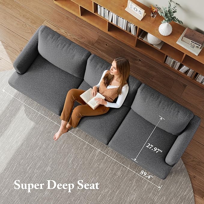 3 Seater Sofa Couch with Deep Seats, 89" Mid Century Modern Upholstered Sofa with Armrests, Comfy Couches for Living Room, Bedroom, Apartment and Office (Dark Grey)