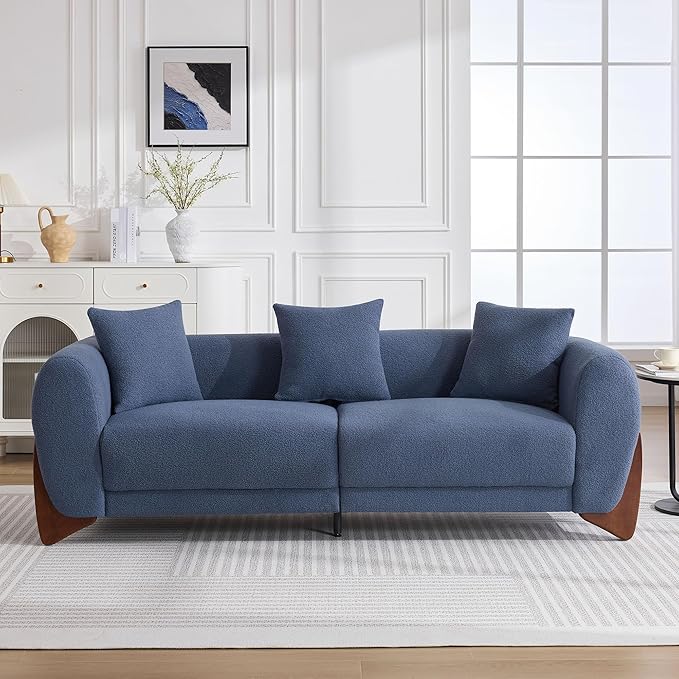 87" Sherpa Boucle Cloud Couch Modern 3 Seater Sofa with Solid Wood Legs, 25" Extra Deep Seat, Comfy Thick Cushion Upholstered Sofa Couches with 3 Pillows for Living Room, Blue