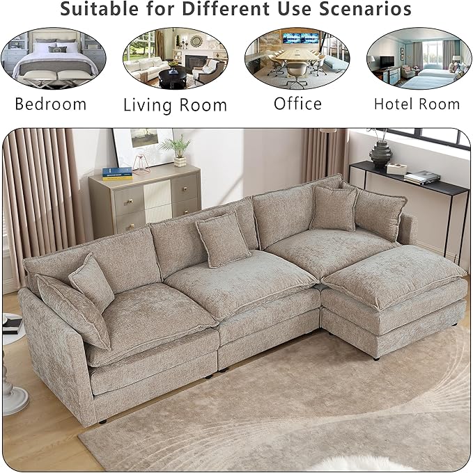 Setawix Deep 3 Seater Couch with Ottoman,112.2" L-Shaped Cloud Couches for Living Room,Chenille Cloud Sofa Couch with Deep Seat,Modular Sectional L Shape 3 Seat Sofa for Bedroom (Coffee, 3+1)