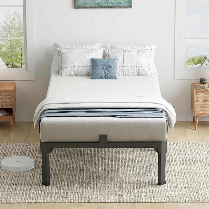 Superay Twin Bed Frame with Mattress Slide Stopper, 14 Inch Metal Platform Bed Frame, Heavy Duty Tall Bed Frame No Box Spring Needed with Large Storage Space, Easy Assembly, Noise Free