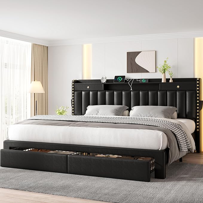 CypBed King Size Bed Frame with 2 Tier Storage Headboard, Upholstered King Bed Frame with 4-Storage Drawers, 3 USB & Type-C Charging Ports,Solid Wood Slats,No Box Spring Needed,Noise-Free, Black,Gift