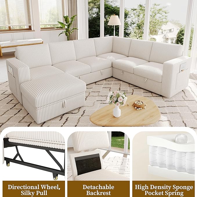 106.7" Sectional Sleeper Sofa with Pull Out Couch, Modern 7 Seat U Shaped Modular Couch, Sectionals Modular Sofa with Storage, Comfy Corduroy Couches Sectional for Living Room & Apartment, Beige