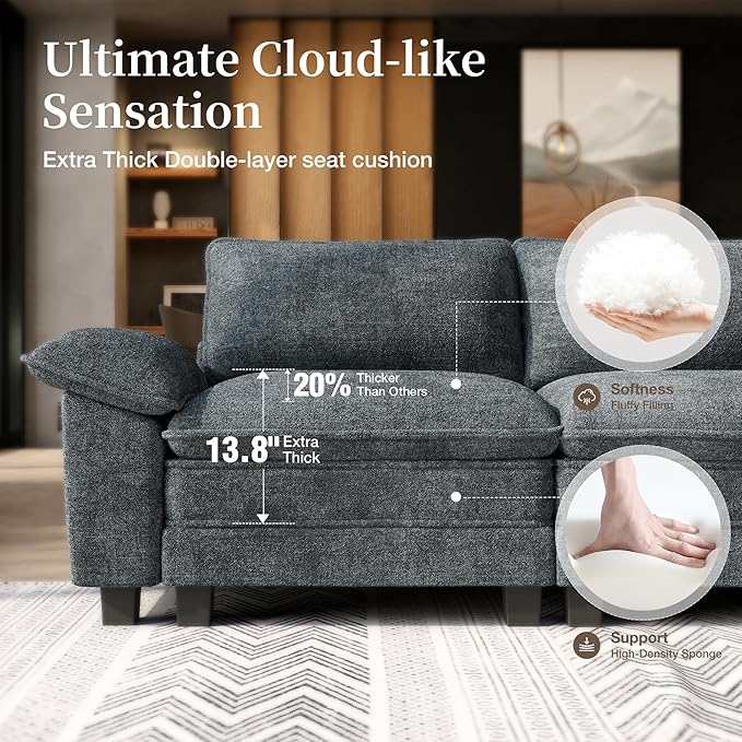 3 Piece Living Room Furniture Sofa Set, Chenille Modular 2 Single Cloud Chairs and 3-Seat Modular Couch with Pillow, 5-Seat Modern Sectioanl Deep Seat for Apartment, Teal