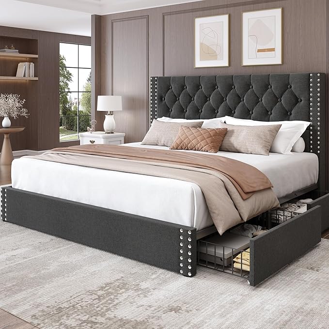 LARMACE King Size Bed Frame with 4 Storage Drawers and Tufted Headboard Linen Upholstered Platform Bed Frame with Heavy Duty Wood Slats, No Box Spring Needed, Easy Assembly, Grey