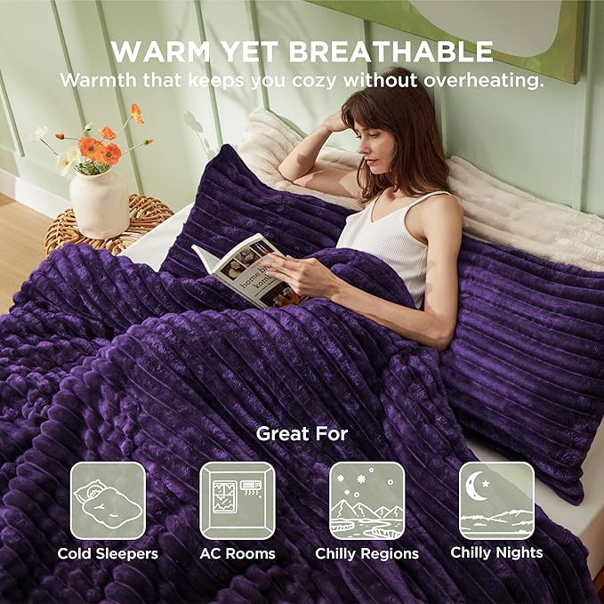 Bedsure Full Size Comforter Sets - GentleSoft™ 3 Pieces Double-Side Fleece Fluffy Purple Comforter Set, Cozy Striped Room Decor Aesthetic, Luxury Full Size Bedding, 2 Pillowcases, 82x86 Inches