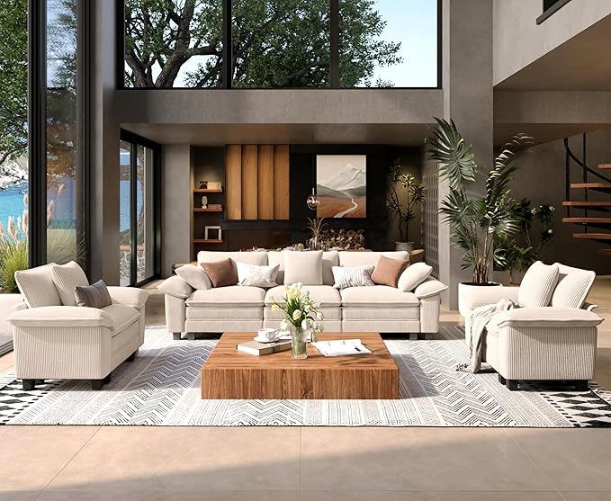 3 Piece Living Room Sofa Furniture Set, Oversized Corduroy 2 Single Cloud Chairs and 3-Seat Modular Couch with Pillow, 3-Seat Modern Sectional Deep Seat for Apartment, Beige