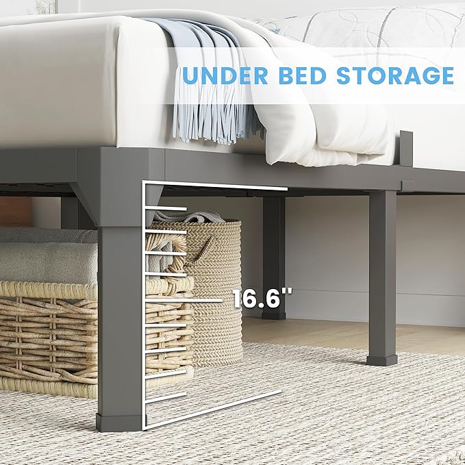 Superay King Bed Frame with Mattress Slide Stopper, 18 Inch Metal Platform Bed Frame, Heavy Duty Tall Bed Frame No Box Spring Needed with Large Storage Space, Easy Assembly, Noise Free