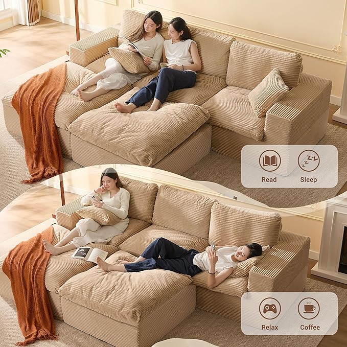 106.3” Sectional Couches for Living Room, Set of Cloud Couch, Modular Sectional Sofa, Convertible Sofas Bed, Deep Seat Sofa, U Shaped Cozy Sofa Furniture Set, Corduroy, Camel