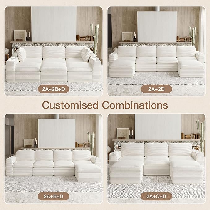 Boneless Modular Sectional Sleeper Sofa Bed Plush Corduroy Cloud Sectional Couches for Living Room with Deep Seat. White Couch.