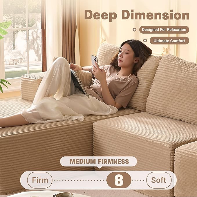 138" Boneless Couch with Deep Seat, Set of Modular Sectional Sofa, Cloud Sectional Couch for Living Room, No Assembly Required, Corduroy, 4 Seater L-Shape Left, Camel