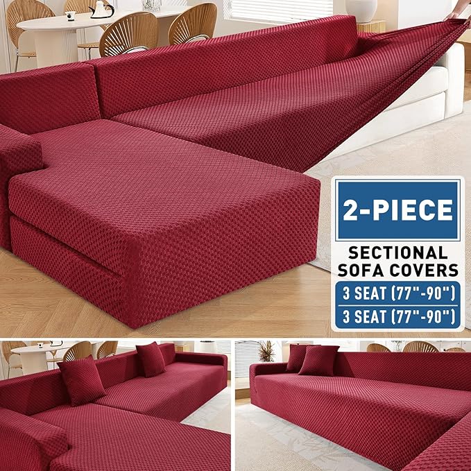 ZNSAYOTX Sectional Couch Covers, Stretch Jacquard Slipcovers with Elastic Bottom for L-Shape Sectional Sofa, 2 Pcs Pet Friendly Modular Sofa Protector (3 Seat Couch + 3 Seat Chaise, Wine Red)