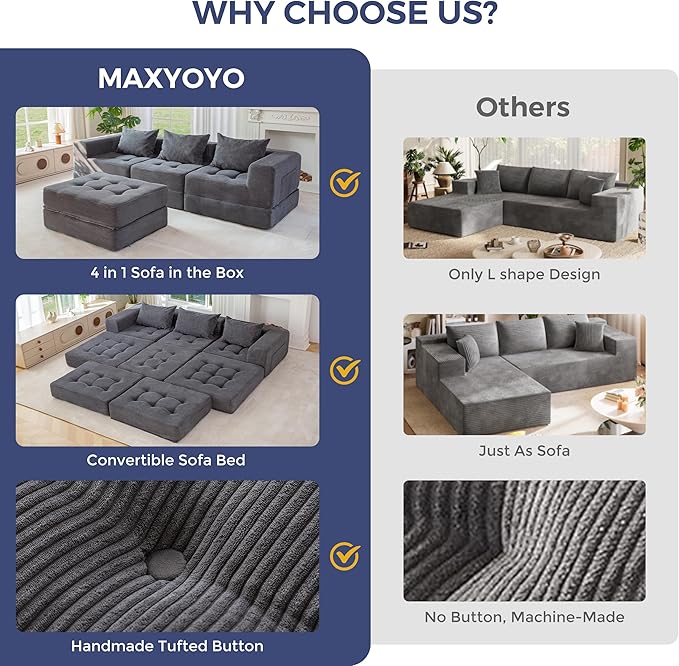MAXYOYO Modular Sectional Sofa Couch, Foldable L-Shaped Folding Sofa Bed with Ottoman, Convertible Sectional Couch Corded Tufted Floor Sofa Lounger with Pillows for Living Room, No Assembly, Dark Grey