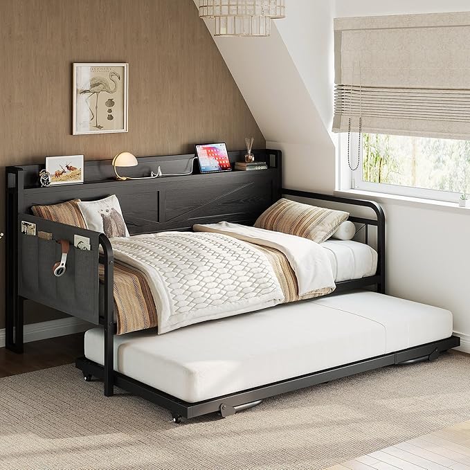LIKIMIO Twin Daybed, Day Beds with Pop Up Trundle, Storage Headboard with Charging Station, Strong Supports for Apartment and Other Small Space, Black