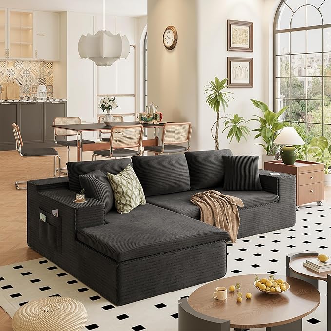 Homall 109" Boneless Couch with Memory Foam, Modular Sectional Sofa with L-Shape Chaise, Cloud Couch with Deep Seat, Dual Cup Holders & Side Pockets, No Assembly Required (Black)