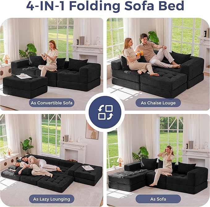 MAXYOYO Modular Sectional Sofa Couch, Foldable L-Shaped Folding Sofa Bed with Ottoman, Convertible Sectional Couch Corded Tufted Floor Sofa Lounger with Pillows for Living Room, No Assembly, Black