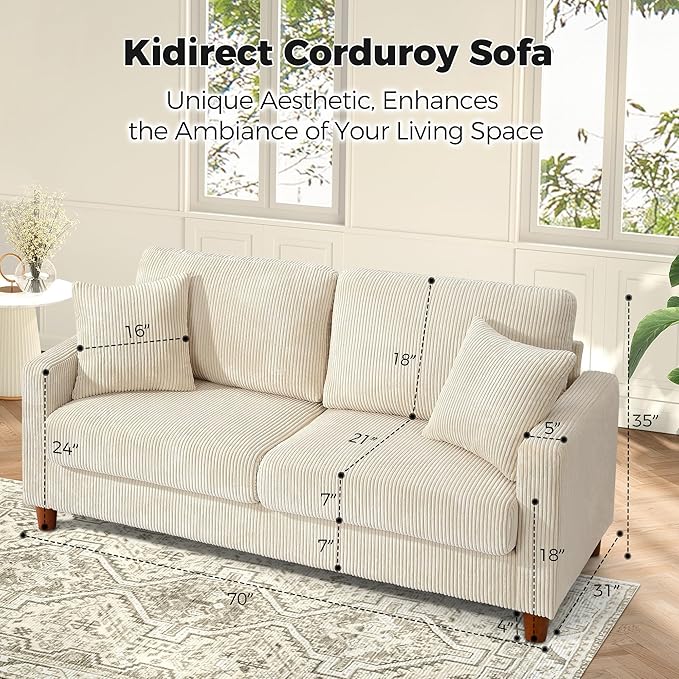 Kidirect 70in L Shaped Couch, Modular Sofa No Tool Assembly, Comfy Sectional Couches for Living Room 21in Deeper Seats, Corduroy Sofas for Living Room with 2 Pillows, Loveseat Sofa Set, Beige Couch | Comfy Corduroy, Oversized 70in Couch, 700LB Tough, T...