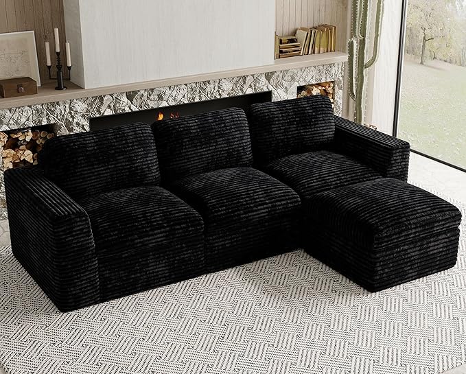 Plush Corduroy Cloud Sectional Couches for Living Room Boneless Modular Sectional Sofa Convertible 3-Seater L Shaped Couch with Ottoman. Black Sofa.