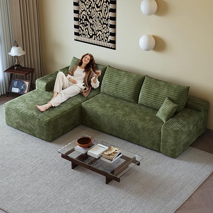 108" Sectional Couches for Living Room Cloud Couch Sofa with L-Shape Upholstered Boneless Couchs Modern Modular Sectional Couch with Chaise (Green, 108" Left Facing Chaise+2Seaters)