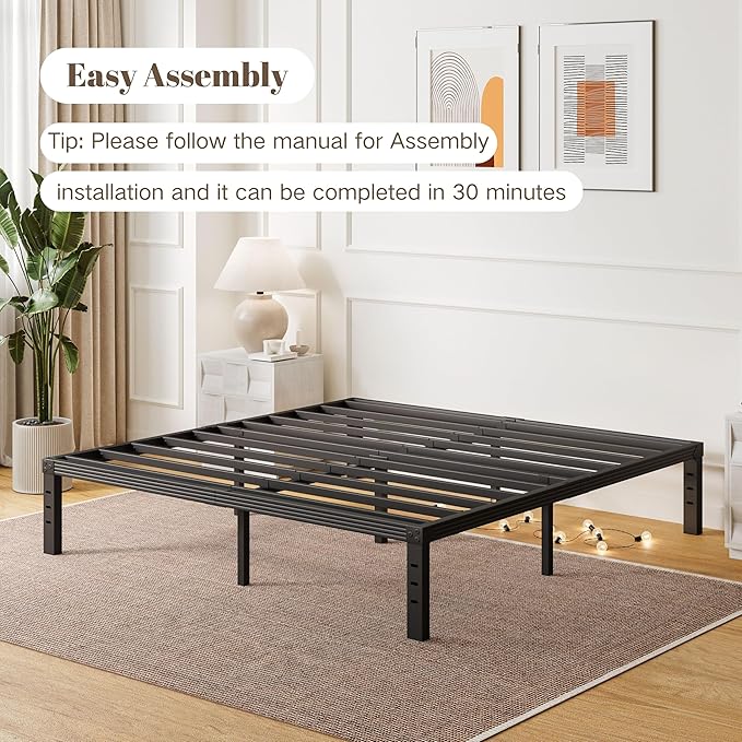 ZIYOO King Bed Frame, 3500lbs Heavy Duty Steel Slat, 14 Inches Platform Bed Frame, Non-Slip Design, No Box Spring Needed, Easy Assembly, Quiet Noise Free, Under Bed Storage Space, Black