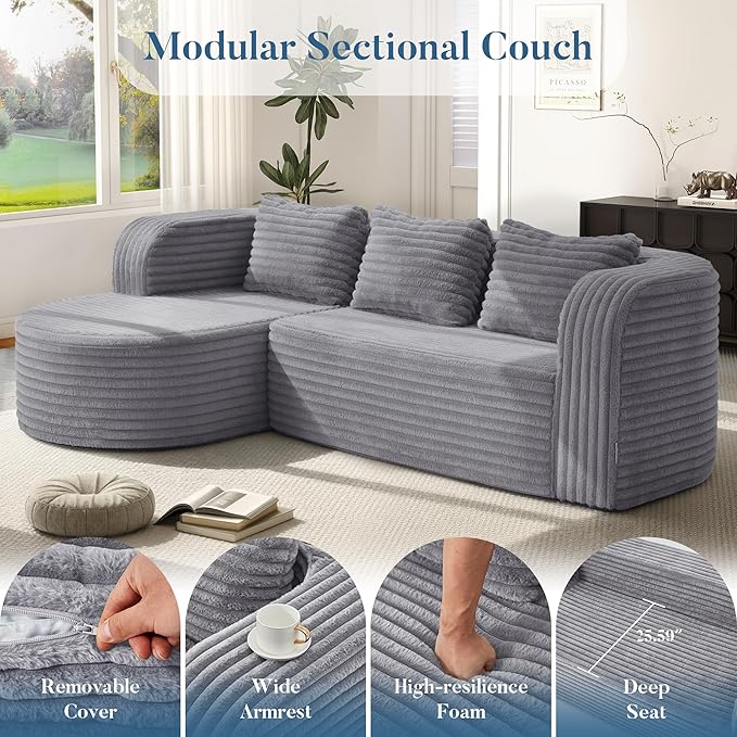 Hobestluk 96" Cloud Sectional Couch Modern Boneless Couch 3 Seater with Oversized Chaise L Shaped Modular Sofa for Living Room Apartment No Assembly Required (Stripe Lightgrey,Left Facing Chaise)