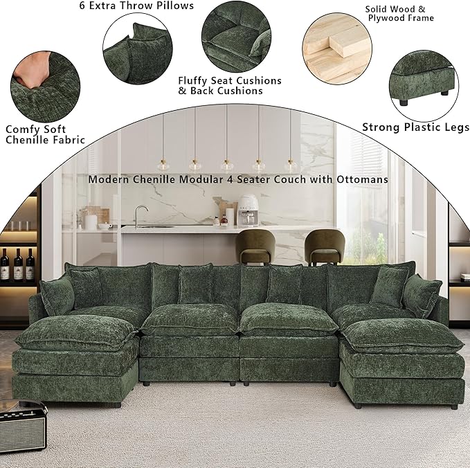 Setawix Deep 4 Seater Couch with Ottomans,147.22" U-Shaped Cloud Couches for Living Room,Chenille Cloud Sofa Couch with Foorest,Modular Sectional U Shape 4 Seat Sofa for Bedroom (Green, 4+2)