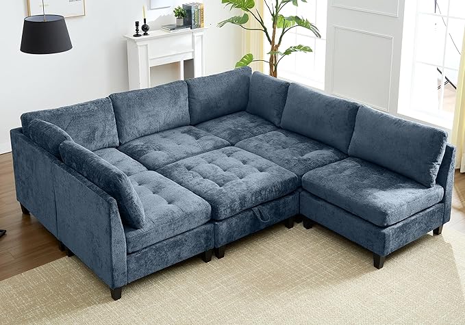 Luxe Oversized Modular Sectional Sofa, Modern Chenille Convertible Sleeper Sofa with Storage Ottoman, Comfy Deep Seat U-Shaped Cloud Couch for Living Room（Blue，6-Seater + 1*Ottoman）