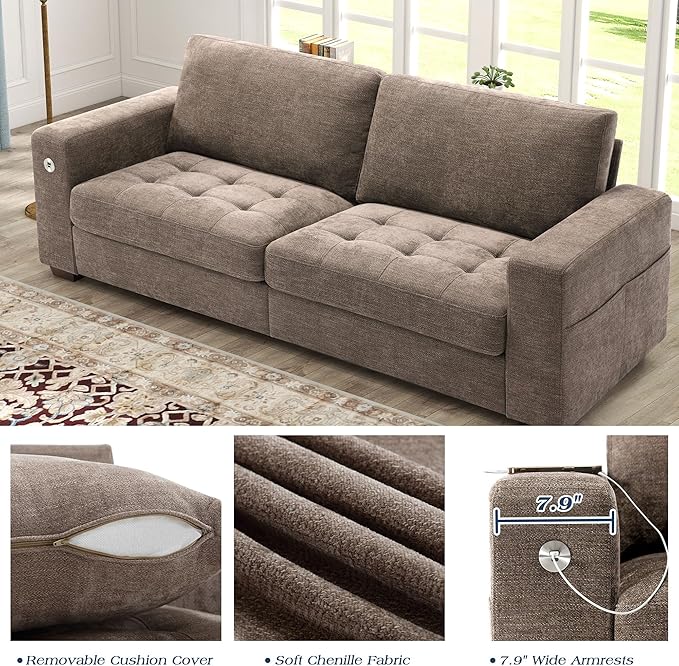 WorthFurni Sofas for Living Room, Chenille Loveseat Couch Set, Small Sofa, 3 Seater Sofa, USB Charging, Removable Sofa Cover,Solid Wood Frame, Easy to Install(89inch,Brown)
