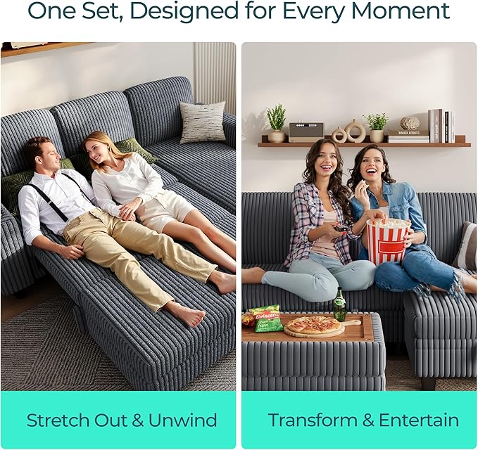LINSY HOME Sectional Sleeper Sofa with Pull Out Couch Bed for Living Room (Grey) | Plush Corduroy, Storage Ottoman, Storage Chaise, Pull Out Couch, USB Charging