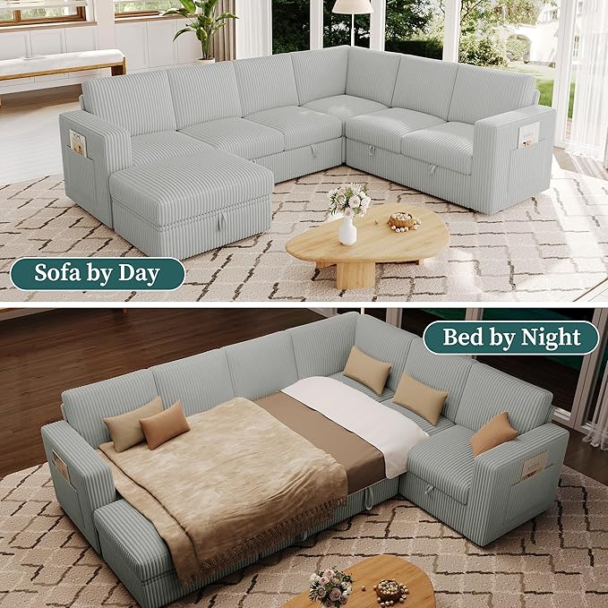 106.7" Sectional Sleeper Sofa with Pull Out Couch, Modern 7 Seat U Shaped Modular Couch, Sectionals Modular Sofa with Storage, Comfy Corduroy Couches Sectional for Living Room, Light Gray