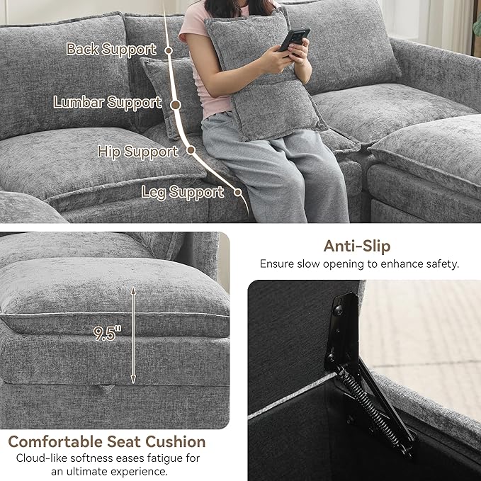 30" Cloud Modular Single Sofa Chair with Storage, Modern Upholstered Accent Chair Deep Seat, Chenille Reading Lounge Armchair for Living Room, Bedroom, Small Space, Light Grey