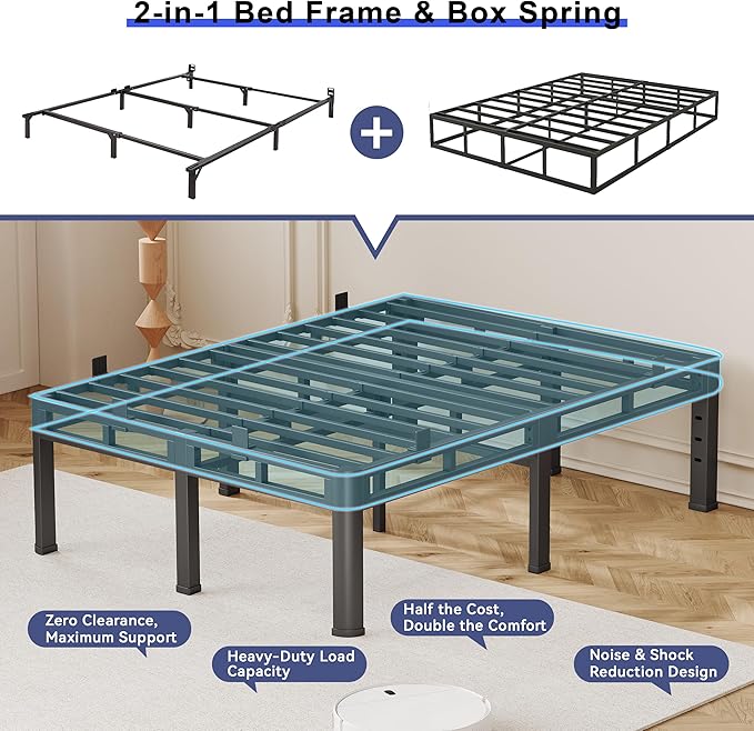 20 Inch Cal King Bed Frame, Double Layer Heavy Duty Metal Bedframe 4000 lbs Capacity, Platform Bed Frames with Headboard Holes, Round Corner Legs, Mattress Slide Stopper, Easy Assembly，