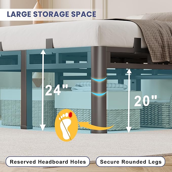 Bed Frame Full 24 Inch Tall, Double Layer Heavy Duty Metal Bed Frames 4000 lbs Capacity, Platform with Headboard Holes, Round Corner Legs, Mattress Slide Stopper, Easy Assembly