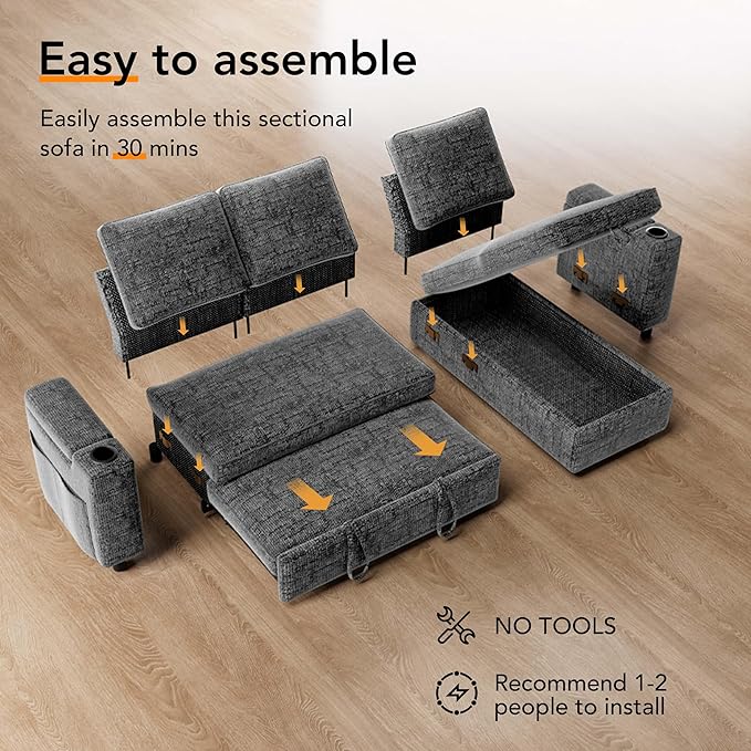 Vipbear Chenille Sleeper Sofa Bed, 82" Pull Out Couch with Reclining Backrest/Reversible Storage Chaise, 3 in 1 L-Shaped Couch with Armrest Storage | Cup Holder | Tool-Free Assembly | Grey