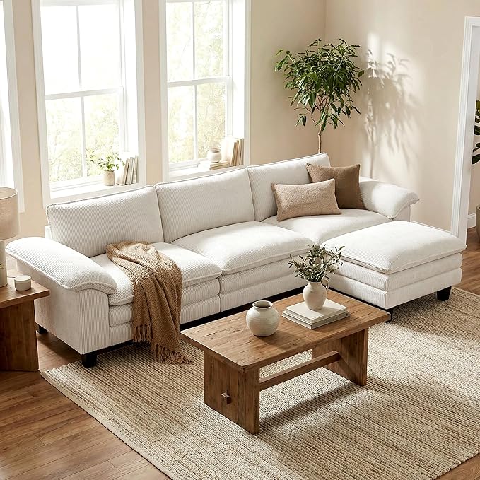 HOMCOM Modular Sectional Sofa Couch 124" Oversized L Shape Sectional Cloud Couch with Deep Seat, Movable Ottoman and Pillow-top Armrests for Living Room, Bedroom and Apartment, Beige | Deep seat