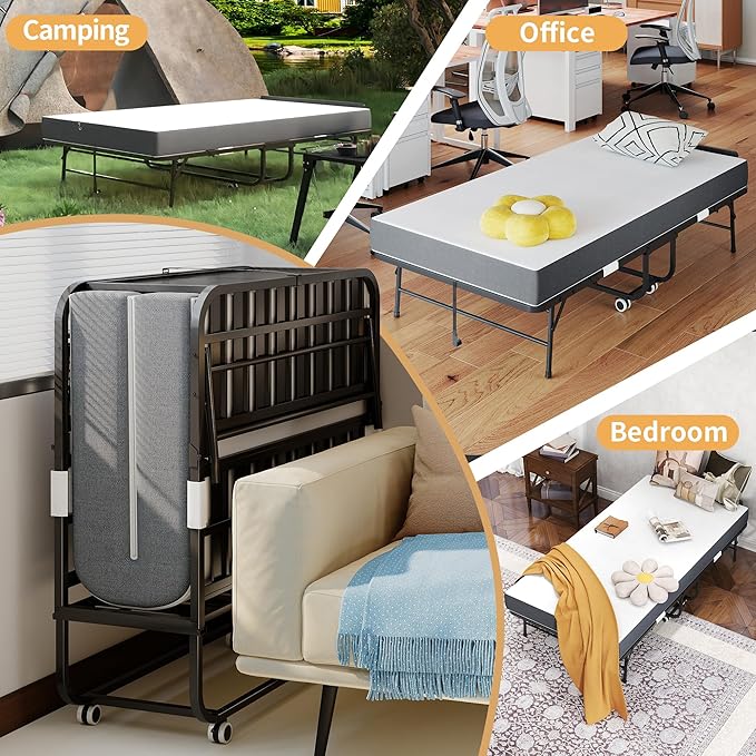 AQY Folding Rollaway Bed with 5" Memory Foam Mattress, 3.15" Lift Adjustable Headboard, 75"x38", Heavy Duty Metal Frame on Wheels, Portable for Adults/Guests, Assembly Required