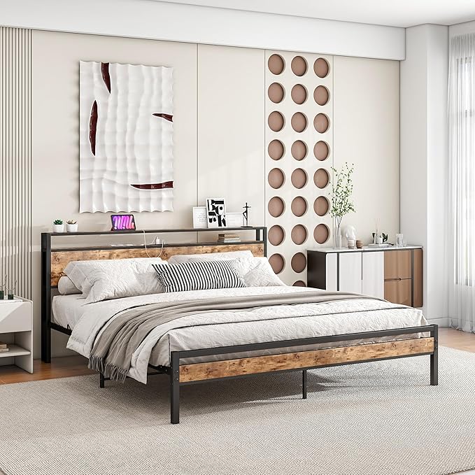 BOFENG Metal Platform King Size Bed Frame with Storage Headboard and USB Charging Station,King Bed Frame No Box Spring Needed,Sturdy and Noise-Free,Easy Assembly,Brown