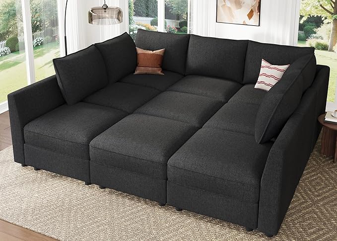 HONBAY Modular Sectional Sleeper Sofa with Storage, Modular Convertible Sectional Couch Bed Module Sleeper Couches for Living Room - Linen Grey