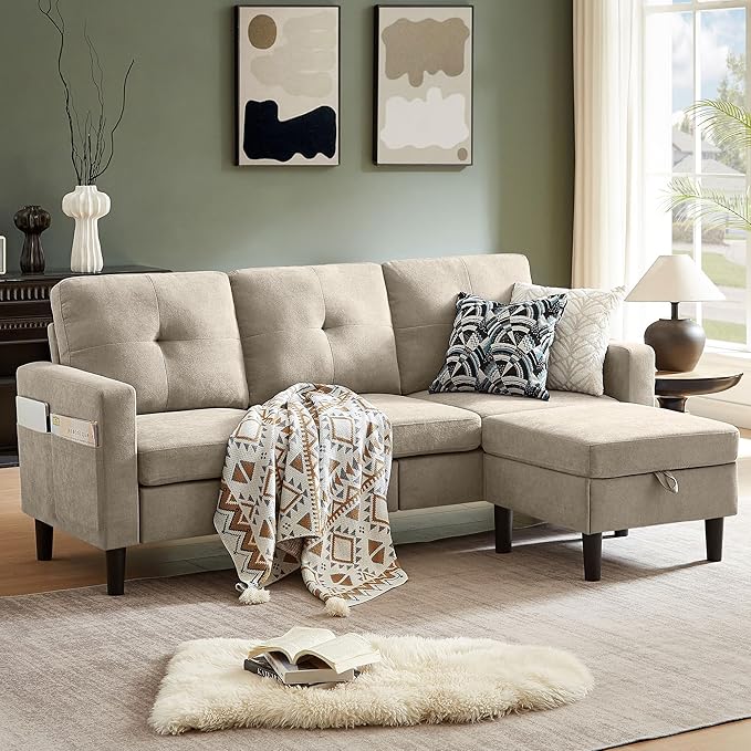 79" Convertible Sectional Sofa, Small L Shaped 3 Seat Couch with Storage Chaise and Side Pocket, Modern Linen Fabric Reversible Sofa Couches for Living Room, Apartment and Small Space