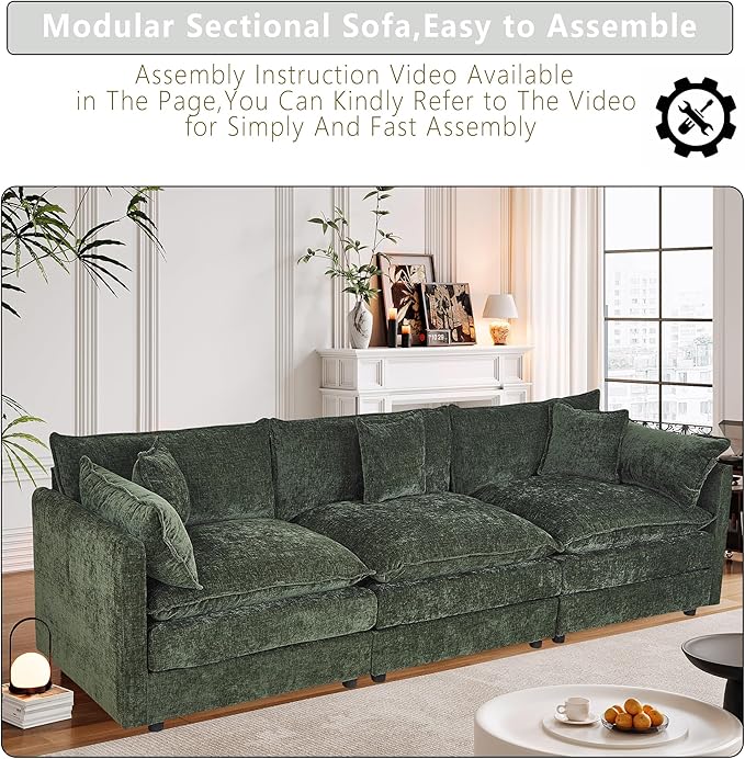 Setawix Chenille Cloud Couches for Living Room,3 Seater Cloud Sofa Couch with Deep Seat,112.2" Roomy Cloud Sofas,Modular Sectional 3 Seat Sofa with Pillows for Bedroom (Green, 3 Seater)
