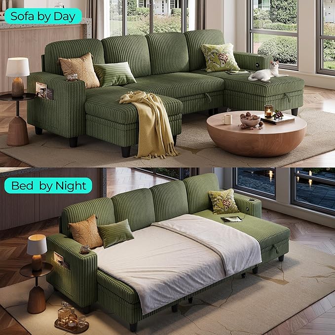 LINSY HOME Pull Out Sofa Bed Sectional Sleeper Sofa with Storage, Plush Corduroy Pullout Modular Sectional Couches for Living Room, U Shaped Convertible Couch Bed for Apartment (Green)
