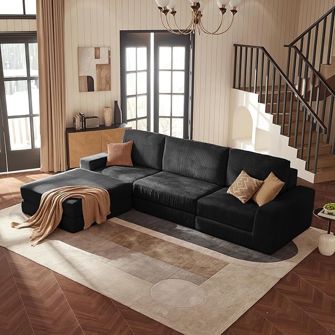 Modular Sectional Sofa, 120.47" Modern Cloud Couch Sectional Sofa with L-Shaped Chaise Comfy Corduroy Fluffy Couch with Deep Seat Boneless Couches for Living Room Bedroom,Black