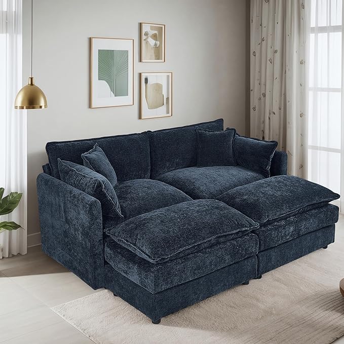 Setawix Deep Loveseat Couch with Ottomans,Large 2 Seater Lounger Cloud Couches for Living Room,77.16" Chenille Cloud Sofas with Deep Seat,Modular Sectional Sleeper Sofa for Bedroom (Blue, 2+2)