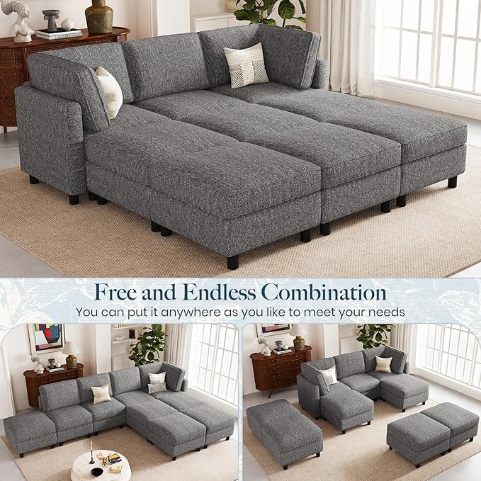 Belffin 84.3" 9 Seats Sleeper Sofa Modular Sectional Sofa Washable Sectional Couches for Living Room Comfy Couches with Storage Seat Couch Sofas with Chaise,Grey