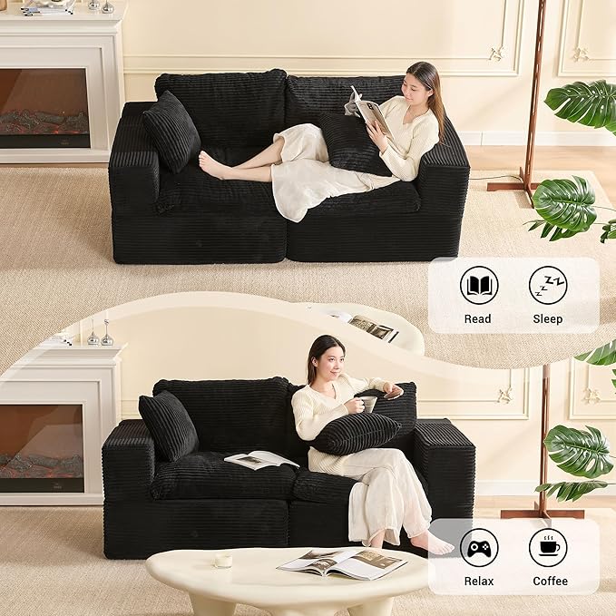 74.8” Set of Cloud Couch, Modular Loveseat Sofa, Convertible Sofas Bed, Deep Seat Sofa, Cozy Sofa for Living Room, Office and Bedroom, Corduroy, Black