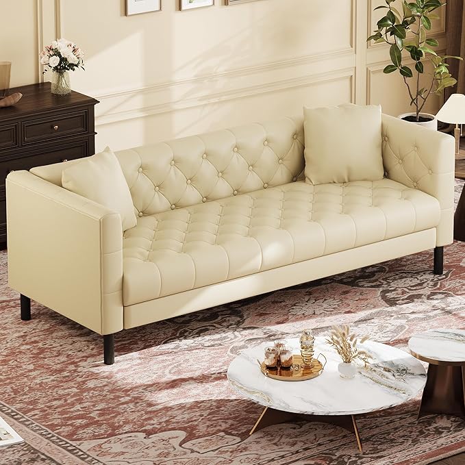 GarveeHome 81 in Leather Couch for Living Room, Modern Sofa Couch with Deep Seat and 2 Pillows, Handmade Button Tufted 3 Seater Sofa, Leather Sofa for Apartment, Office, Beige