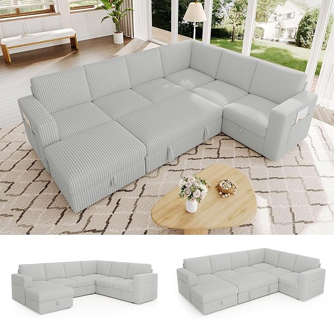 106.7" Sectional Sleeper Sofa with Pull Out Couch, Modern 7 Seat U Shaped Modular Couch, Sectionals Modular Sofa with Storage, Comfy Corduroy Couches Sectional for Living Room, Light Gray