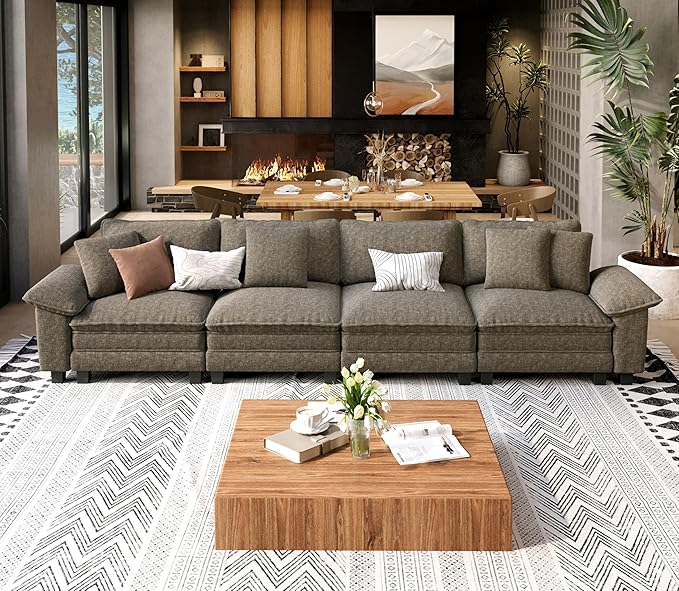 4 Seat Modular Sofa, 157.5'' Oversized Modern Chenille Sectional Couch with Wider Armrest and Pillow, Upholstered Cloud Deep Seat Sofa for Living Room, Smoky Grey