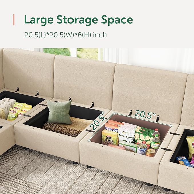 HONBAY Modular Sofa U Shaped Sectional Couch with Storage, Convertible Modular Sofa 7 Seats Sectional for Living Room - Beige